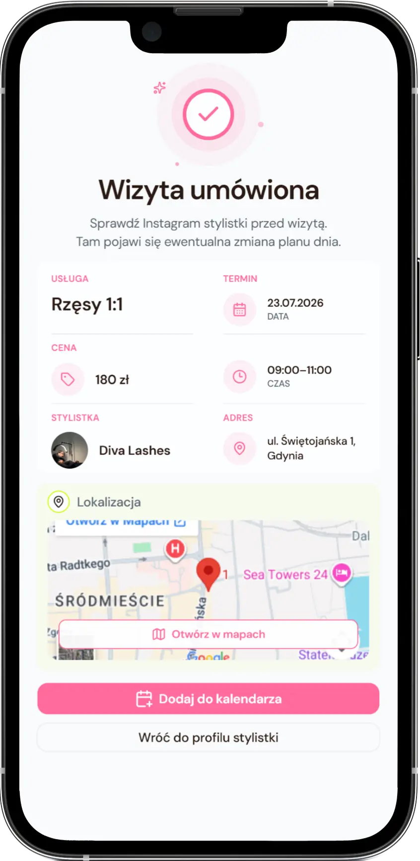 Potwierdzenie umówionej wizyty w Calendi